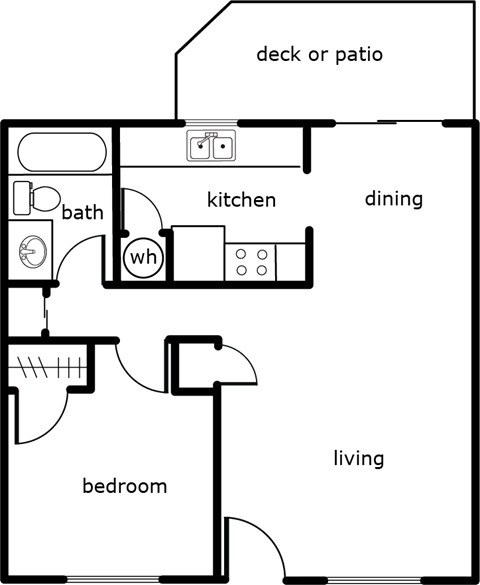 Floor plan for 1 bed, 1 bath, 590 sqft